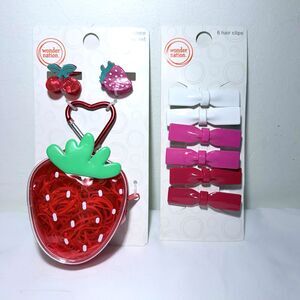 Wonder Nation Girls Hair Accessories Bundle Clips, Elastic Ties,Strawberry Pouch
